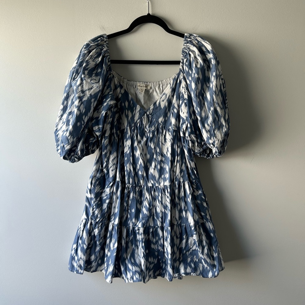 Blue Tassel blue and white printed puff sleeve cotton dress